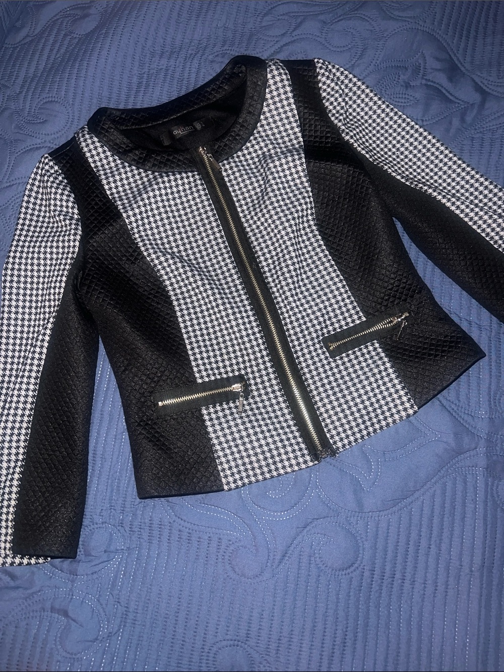 Black & White Houndstooth Zip-Front Blazer 3/4 sleeve Small